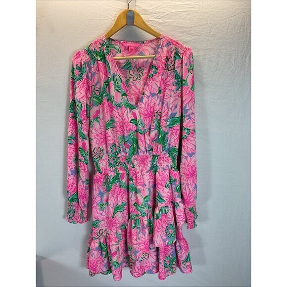 Lilly Pulitzer Cristiana Stretch Mini Dress Long Slv Floral Pink blossom size 8 - Picture 2 of 14